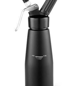 HENDI Siphon à chantilly, avec 3 douilles en polypropylène ainsi que 1 brosse de nettoyage, pour mousses, desserts et sauces, siphon à crème, 500ml, ø80x(H)260mm, aluminium, noir