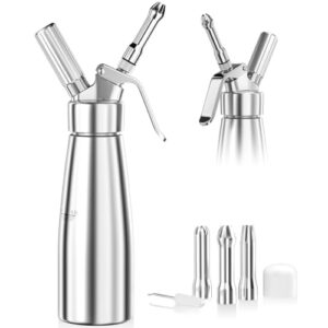 Newaner 500ml siphon chantilly, syphon à crème en aluminium avec 3 Douilles en Acier Inoxydable et 1 brosse de nettoyage, pour décoration gâteaux d'anniversaire pâtisserie crème glacée et desserts