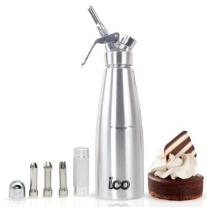 ICO 1L Siphon Chantilly Professionnel en Acier Inoxydable pour la Crème à Fouetter Maison, Siphon Chantilly INOX pour Les Desserts, Les Trempettes, Les Sauces et Les Liqueurs Infusées, 1L