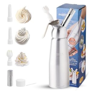 Mastrad - Siphon 0,5L en Aluminium Anodisé - Mousse, Chantilly, Sauces, Espumas - Piston Inox Démontable - 3 Douilles Décoratives & Brosse de Nettoyage Incluses, Acier