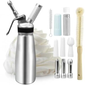YFNVH 500 ML Siphon à Chantilly en Aluminium, Distributeur de Crème Fouettée avec 3 Douilles INOX, 3 Plastique et 2 Brosses de Nettoyage, pour Décorer Gâteaux, Pâtisseries et Desserts