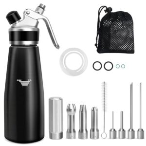 Siphon Chantilly, 500ml Siphon de Chantilly pour Mousses et Crèmes,Gâteaux et Desserts, Syphon à crème avec 4 conseils d'injecteur,3 Douilles en Acier Inoxydable,Sac en filet,Brosse de Nettoyage