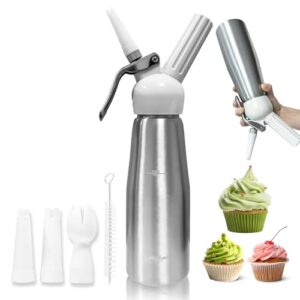 SingingWang Siphon Chantilly, Syphon Cuisine Chantilly, 500 ML, Acier Inoxydable de Qualité Alimentaire, pour Chantilly, Mousse, Desserts, avec 3 Embouts + 1 Brosse Nettoyage