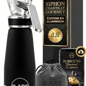 B-ARS Siphon Chantilly Cuisine en Aluminium Noir Durable 500 ML avec Buses INOX Facile à Nettoyer Idéal Mousse Dessert et Décorations -Syphon Chantilly