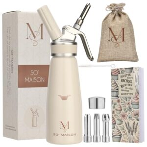 SO'MAISON Siphon Chantilly 500ml- Design Crème Vintage- Cahier de Recettes à Compléter- Siphon Cuisine en Aluminium pour Crème Chantilly et Mousses- Matériel de Pâtisserie Professionnel
