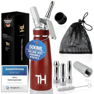 Thiru Siphon Chantilly avec 3 douilles en acier inoxydable & Sac en filet - Mousses et Crèmes - Siphon Cuisine 500ml (rouge)