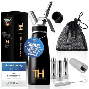 Thiru crème - note « très bien » - 100 jours d'essai - siphon à mousse avec eBook & 3 douilles en inox - pour mousse et plats chauds - (noir)