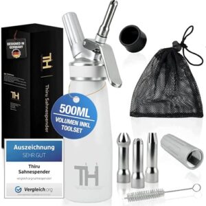 Thiru Siphon Chantilly avec 3 Douilles en Acier Inoxydable & Sac en Filet - Mousses et Crèmes - Siphon Cuisine 500ml (Blanc)